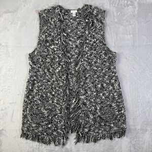 Chicos Sleeveless Fringe Cardigan Size 3 XL Grey Wool Blend Knit Open Front